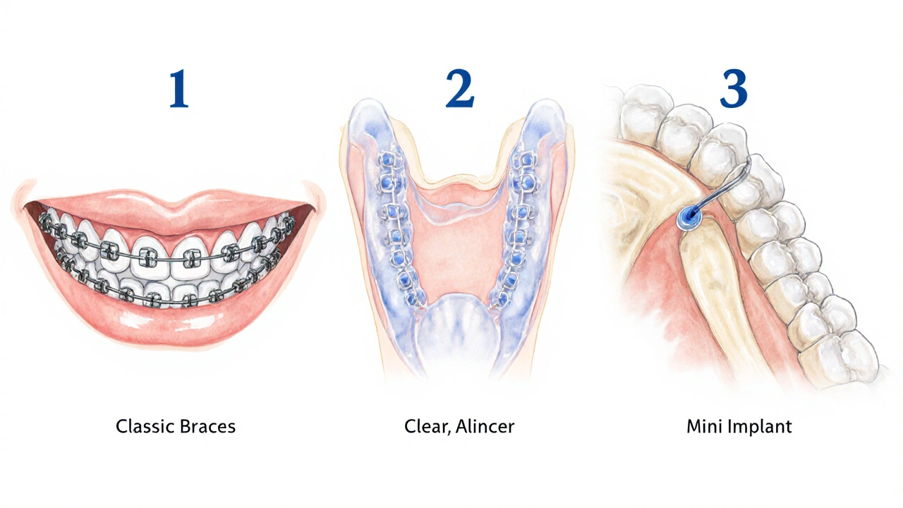 Ilustrace tří ortodontických řešení: kovové roviny, průhledné alignery a mini‑implantát.